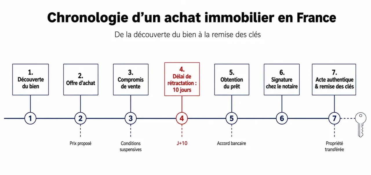 Étape achat immobilier délai : frise chronologique des démarches de l’offre au compromis et à la remise des clés