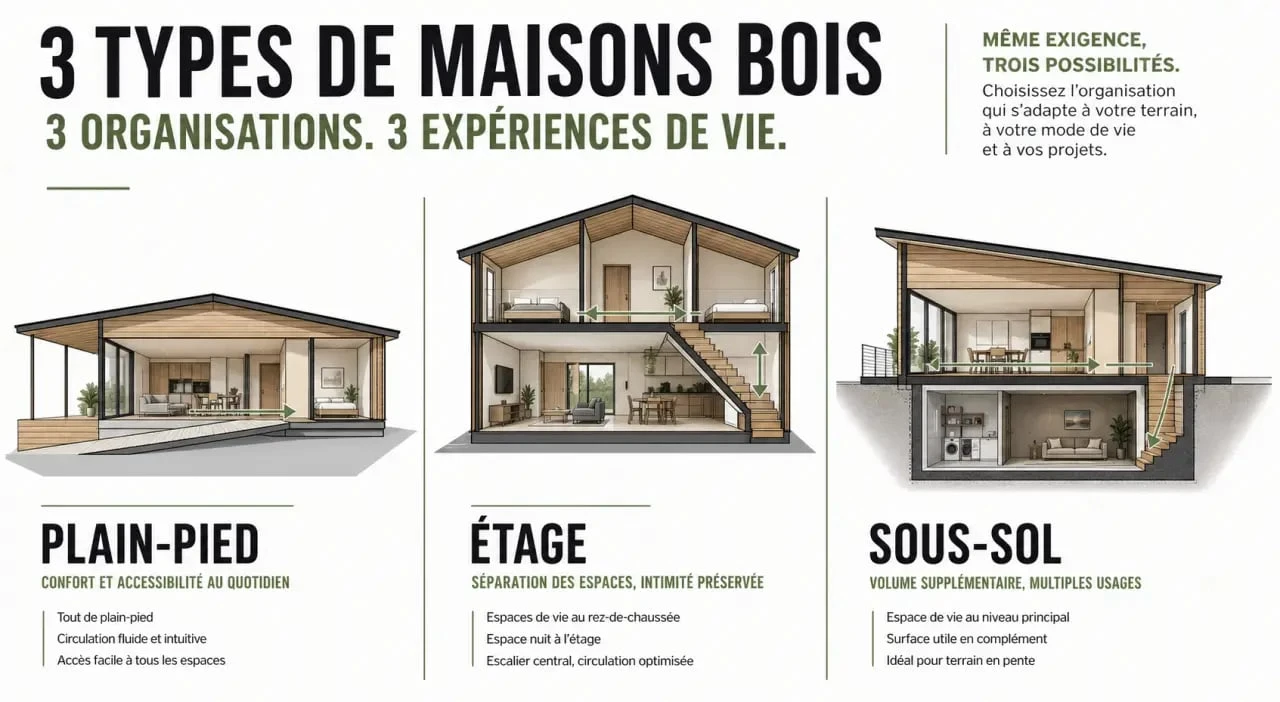 Maison en bois plan : comparaison visuelle des configurations plain-pied, étage et sous-sol