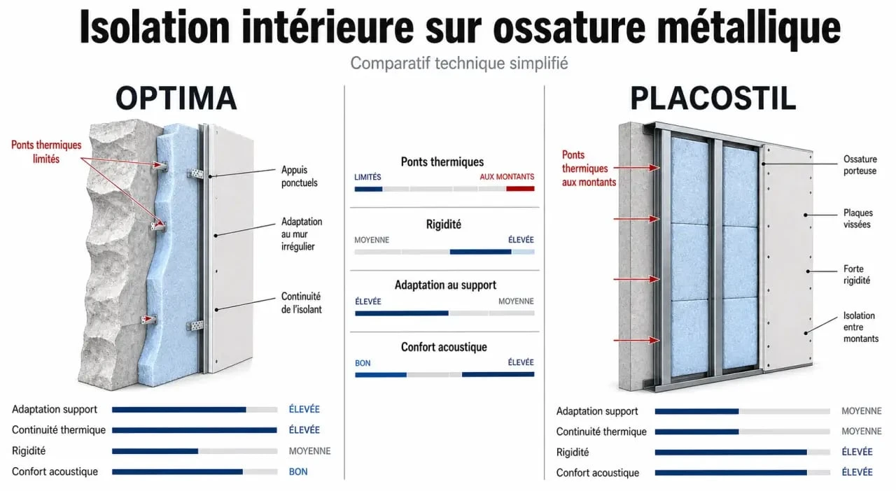 Comparatif optima placostil entre deux systèmes d’isolation intérieure sur ossature métallique