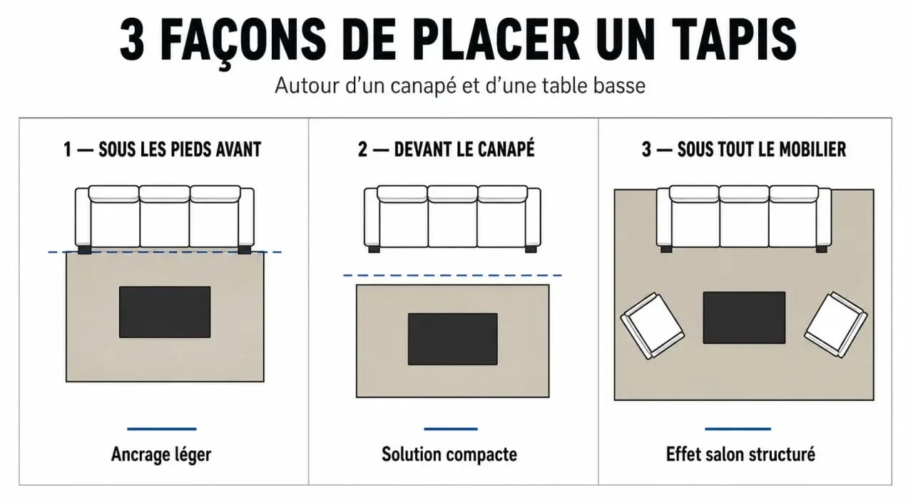 tapis dans salon : trois positions possibles par rapport au canapé et à la table basse