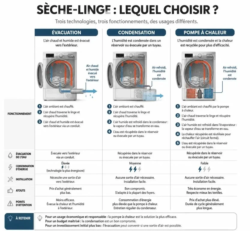 Comparatif visuel des technologies de sèche-linge : évacuation, condensation et pompe à chaleur pour comprendre comment fonctionne un sèche-linge