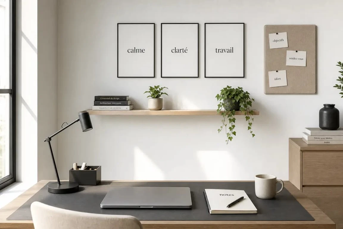 Décorer mur blanc dans un bureau avec panneau d’affichage, cadres alignés et étagère fine