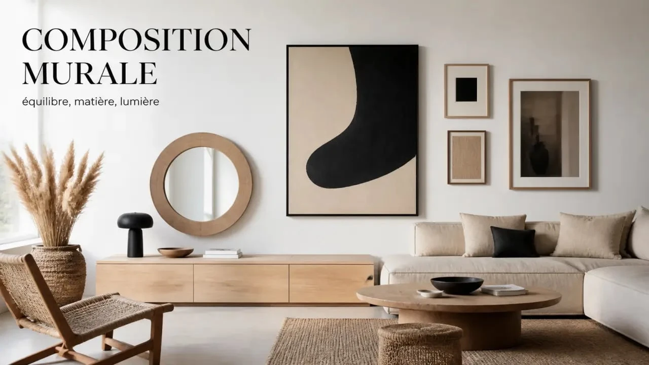 Décorer mur blanc dans un salon chaleureux avec grand tableau, cadres, miroir et textures bois