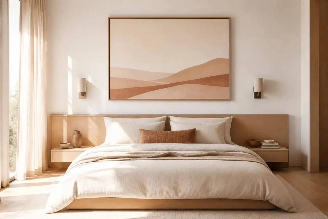 Décorer mur blanc dans une chambre apaisante avec illustration douce, appliques et matières naturelles