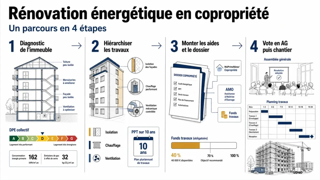 Rénovation énergétique en copropriété : parcours visuel du diagnostic au vote des travaux