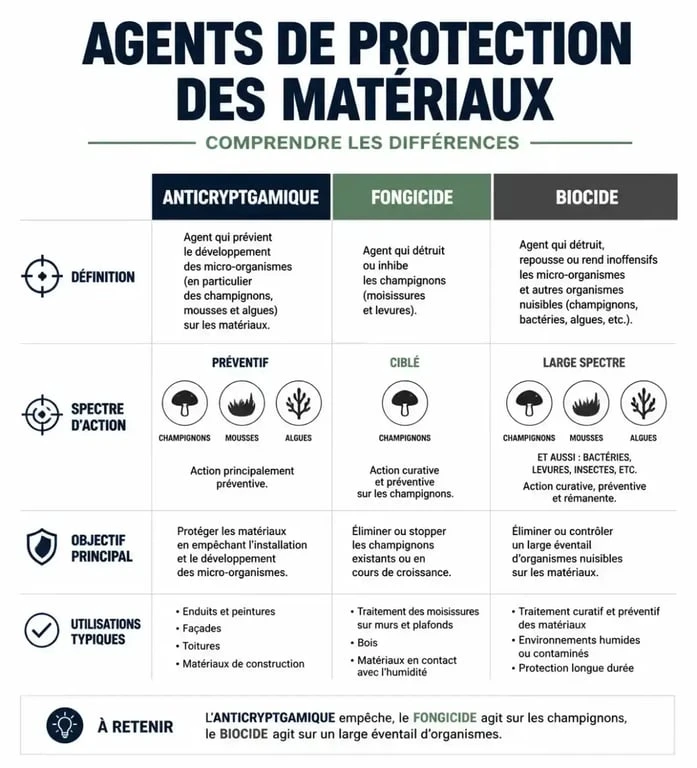 Infographie comparative des agents de protection anticryptogamique, fongicide et biocide pour le bâtiment