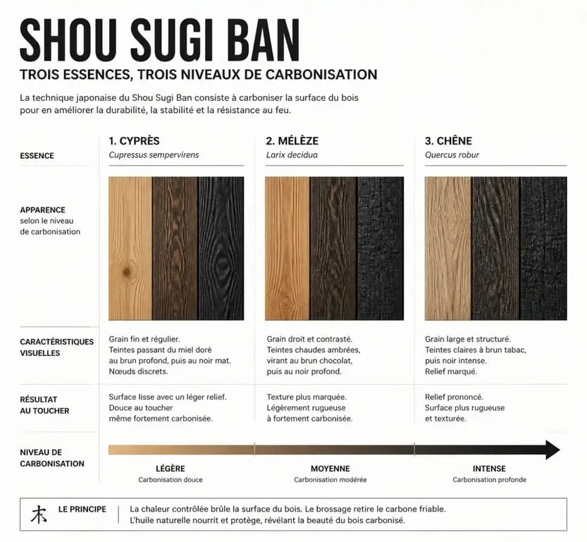 Comparaison visuelle de différentes essences de bois pour un bardage bois brûlé