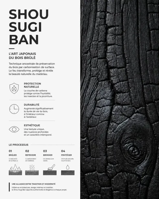 Texture détaillée d'un bardage bois brûlé Shou Sugi Ban montrant la carbonisation