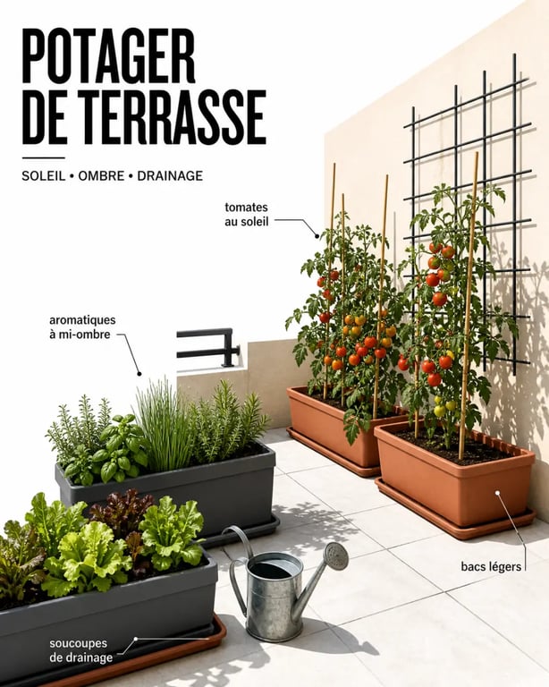 Comment aménager un potager urbain sur votre terrasse : exemple d’aménagement sur une petite terrasse avec bacs, treillis et aromatiques