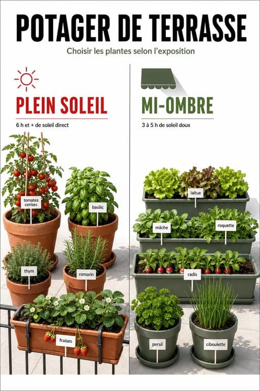 Comment aménager un potager urbain sur votre terrasse selon l’exposition : plantes pour plein soleil et mi-ombre