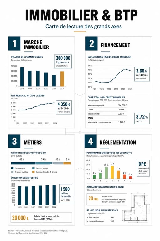Immobilier & BTP : schéma de synthèse des grands axes du secteur entre marché, financement, métiers et réglementation