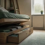 Lit pour petit chambre : lit coffre et lit gigogne en bois clair, chambre rangée