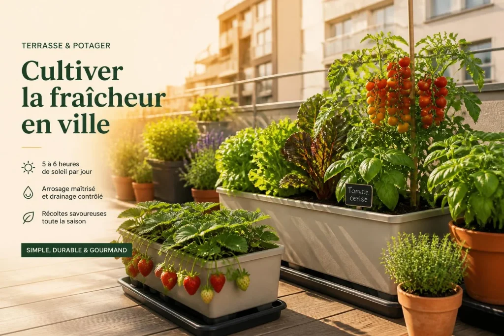 Potager urbain sur terrasse : bacs légers, 5 à 6 heures de soleil et drainage maîtrisé