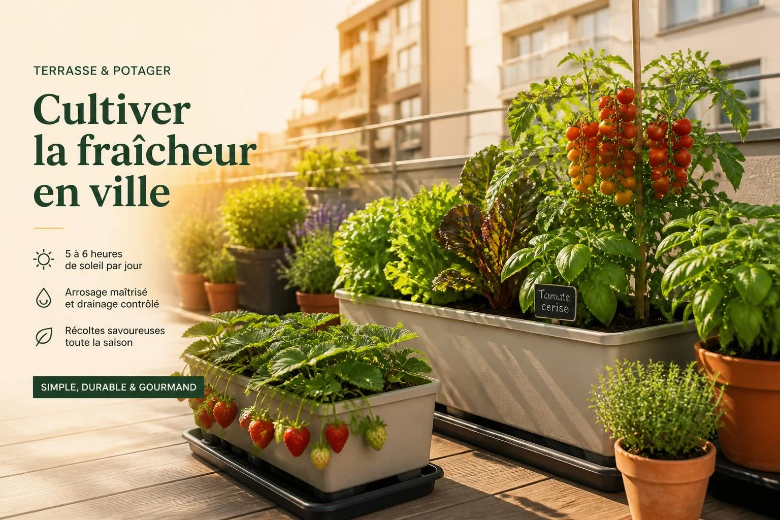 Potager urbain sur terrasse : bacs légers et 5-6 h de soleil