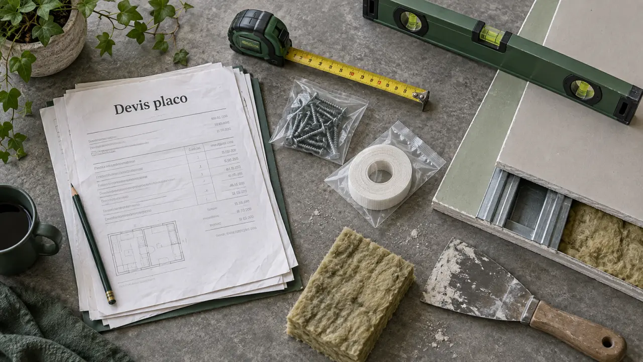 Devis placo : documents, plaques de plâtre et ruban de mesure