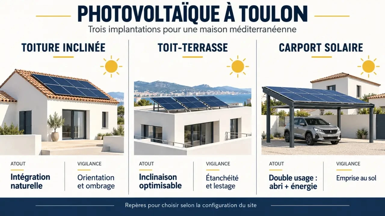 Infographie sur l'installation de panneaux solaires à Toulon selon le support : toiture, toit-terrasse ou carport