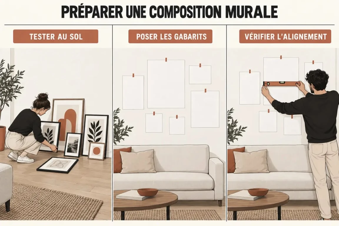 Gabarit grandeur nature pour préparer une disposition cadre mural avant l’accrochage