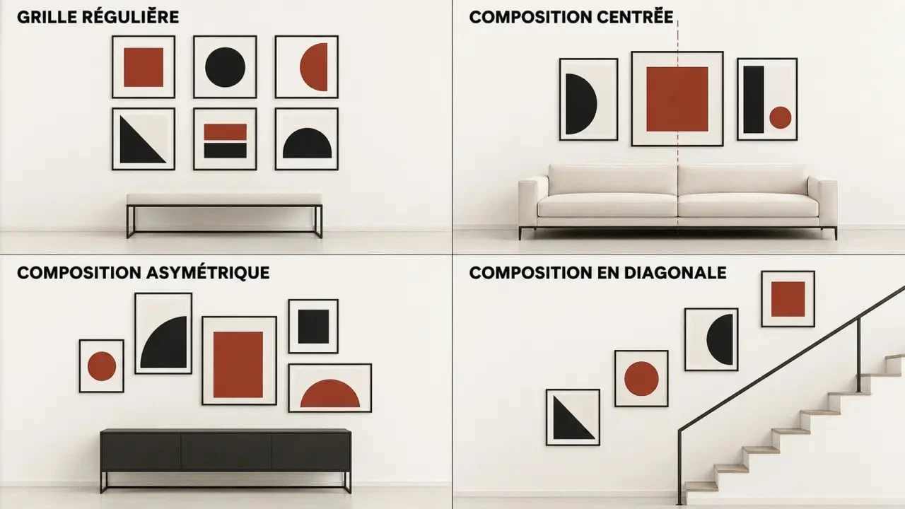 Exemples de disposition cadre mural : grille, composition centrée, asymétrique et en diagonale