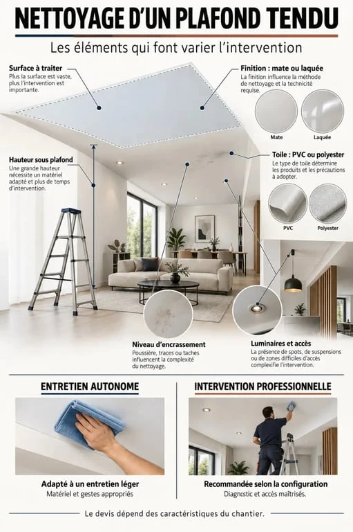 Infographie sur le tarif de nettoyage plafond tendu et les facteurs qui influencent le devis