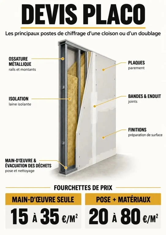 Infographie des postes et prix d’un devis placo