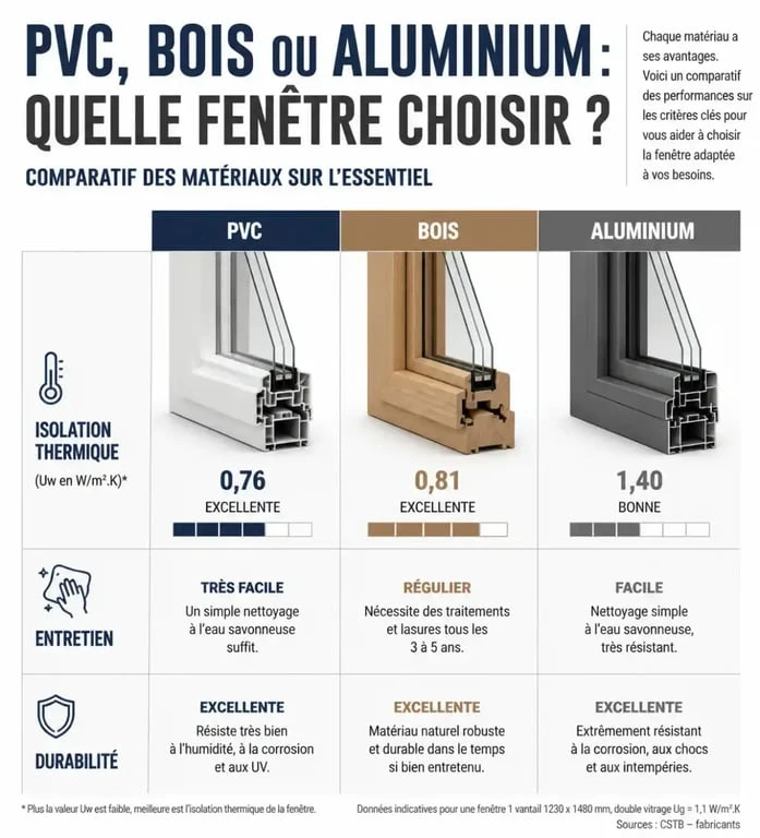 Comparatif des matériaux pour fenêtres double vitrage PVC, bois et aluminium dans le cadre d'une rénovation énergétique.