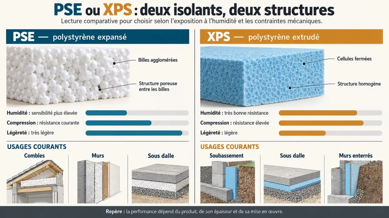 Infographie comparative du polystyrène expansé ou extrudé selon la structure, l’humidité, la résistance et les usages