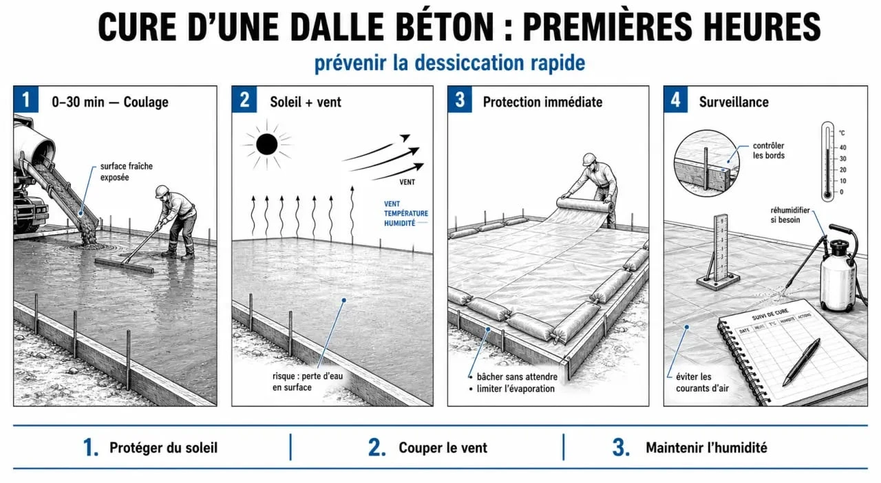 Dalle béton qui fissure au séchage : prévention et cure du béton pendant les premières heures