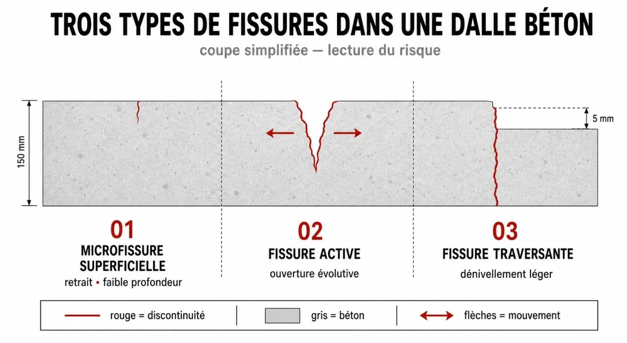 Dalle béton qui fissure au séchage : schéma des fissures superficielles, actives et traversantes