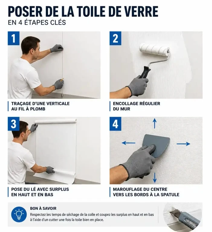 Pose toile de verre murale en quatre étapes avec encollage et marouflage