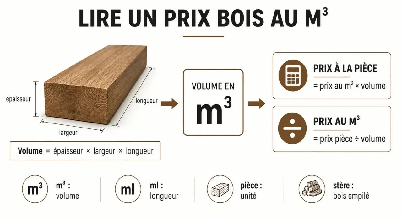 Schéma de lecture du prix bois au m3 avec conversion des unités