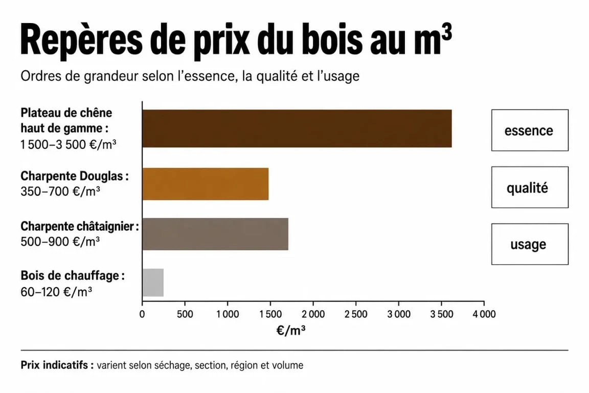 Comparatif visuel du prix bois au m3 selon l'essence et l'usage