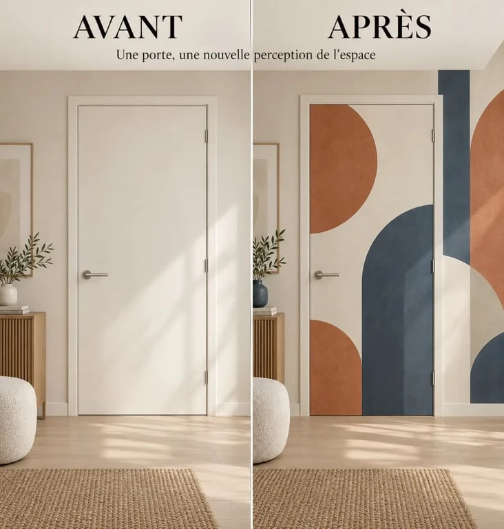 Avant-après d'une décoration de porte intérieure avec habillage panoramique