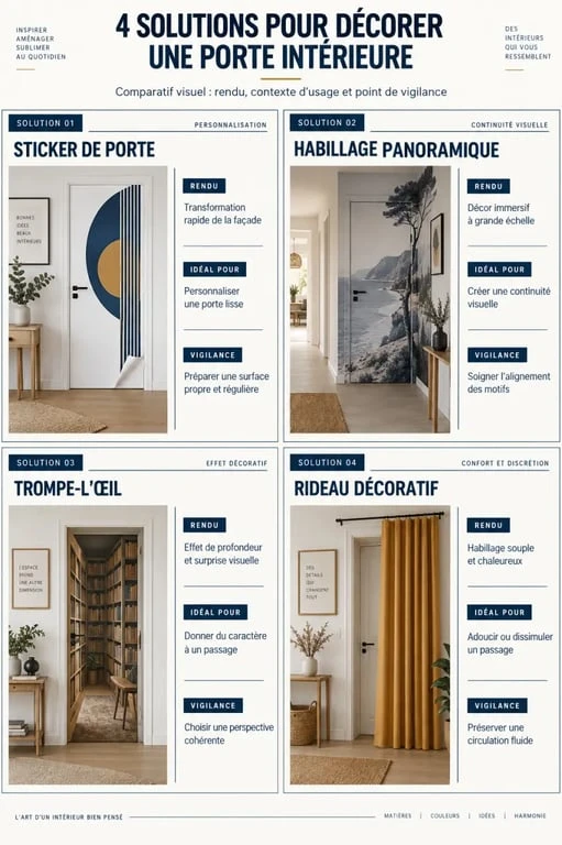 Infographie des solutions de décoration de porte intérieure : sticker, habillage, trompe-l’œil et rideau
