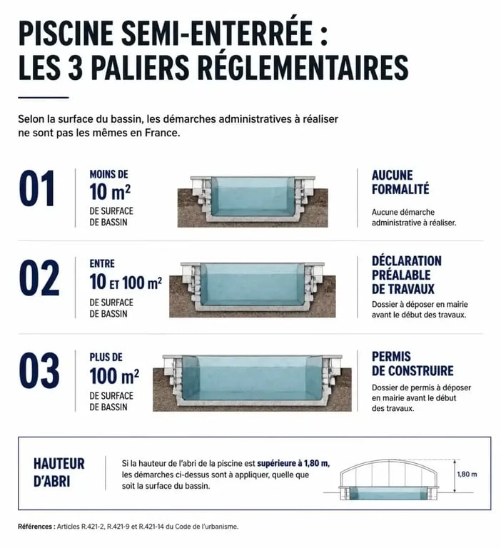 Seuils de réglementation piscine semi-enterrée selon la surface du bassin