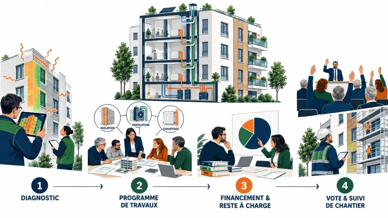 Les quatre étapes d’une rénovation énergétique en copropriété, du diagnostic au suivi des travaux