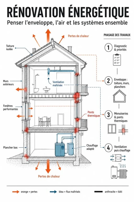 Rénovation énergétique bâtiment : schéma éditorial des pertes de chaleur et des systèmes du bâtiment