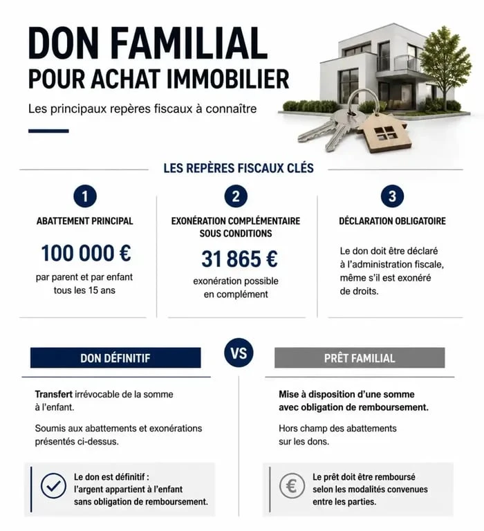 Infographie sur le don familial pour achat immobilier, les abattements fiscaux et la déclaration du don