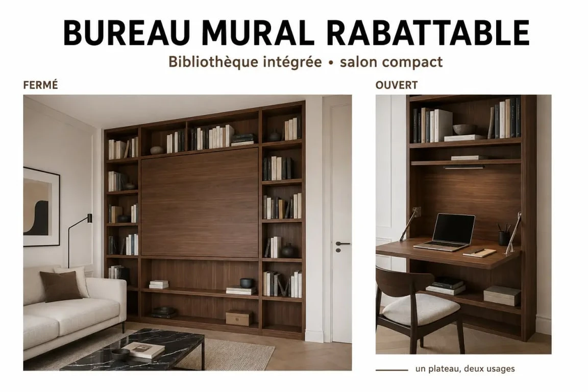 Coin bureau salon avec bureau mural rabattable dans un petit salon