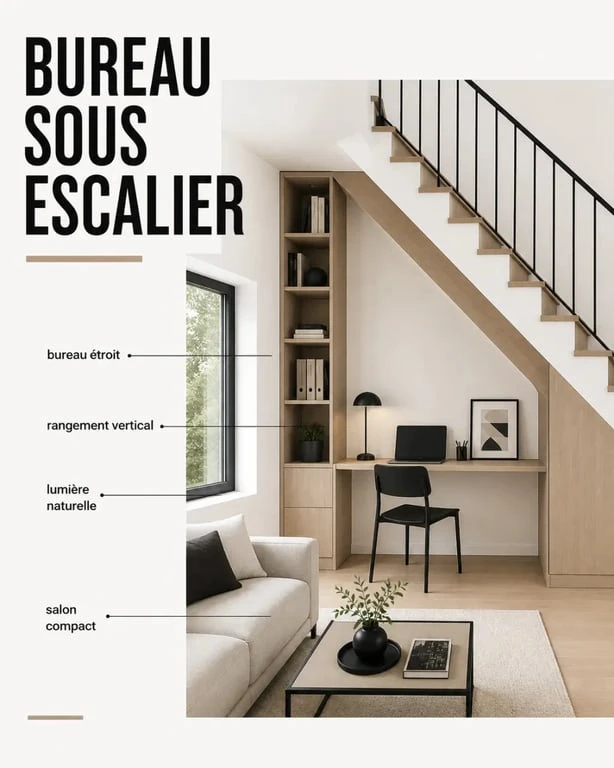Coin bureau salon sous escalier avec bureau compact et rangements