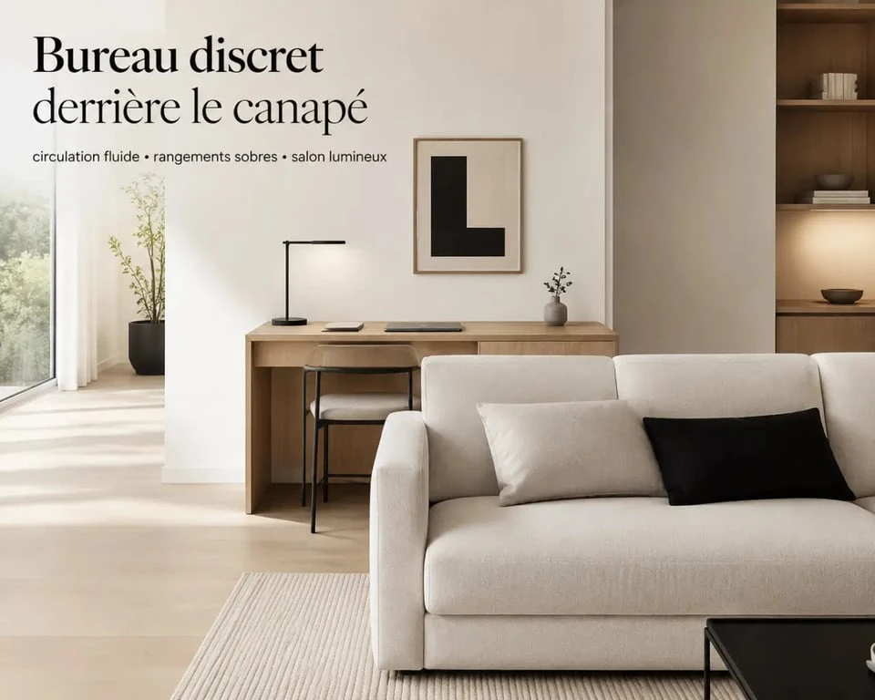 Coin bureau salon derrière le canapé dans un salon contemporain lumineux