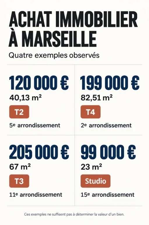 Infographie d'exemples de prix pour un achat immobilier Marseille par arrondissement et typologie