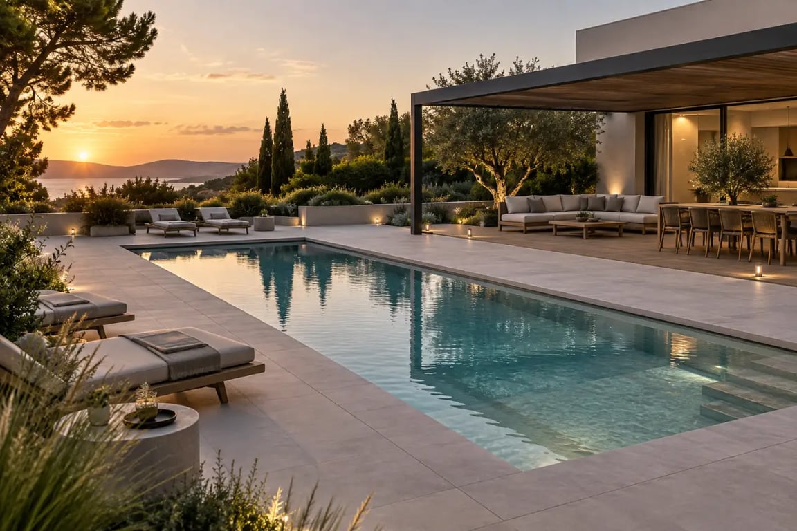 Aménager une terrasse moderne autour d'une piscine enterrée avec plage minérale, salon extérieur et végétation