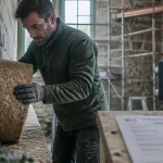 Rénovation énergétique quimper : artisan installe laine de bois contre un mur en pierre