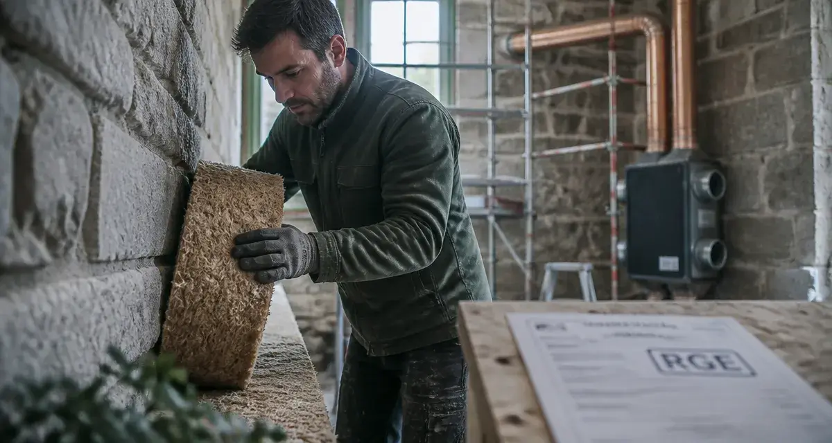 Rénovation énergétique quimper : artisan installe laine de bois contre un mur en pierre