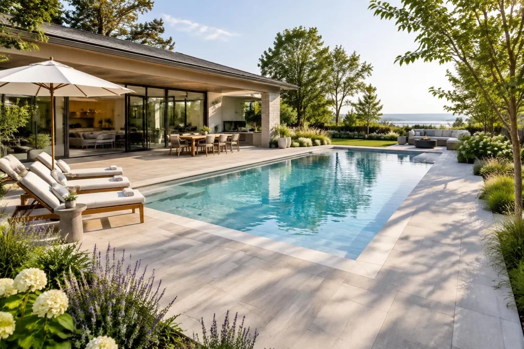 Une terrasse moderne autour d’une piscine enterrée, fraîche, fluide et pensée pour l’été