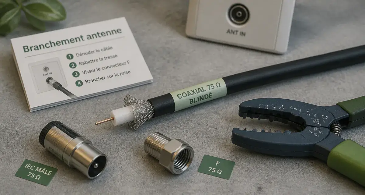 Branchement antenne tv schéma : câble coaxial 75 ohms et connecteurs