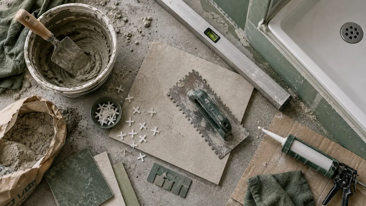 Colle et joint pour carrelage : truelle crantée, croisillons et joint