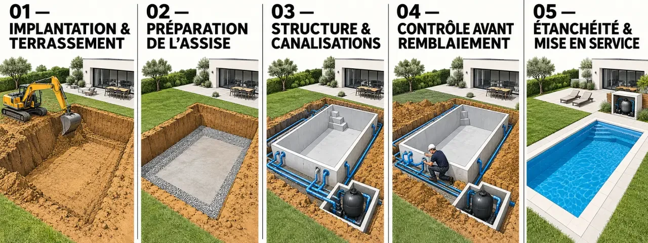 Étapes de la fabrication d’une piscine enterrée, du terrassement à la mise en service