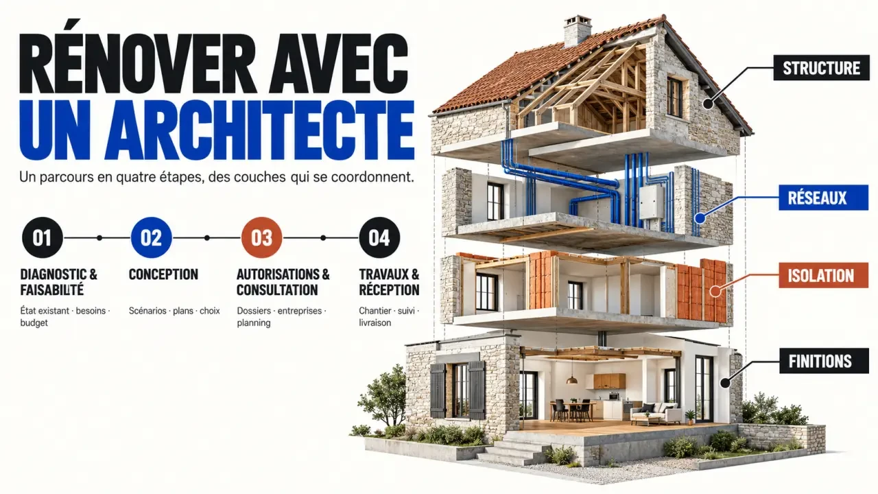 Rénovation maison architecte : étapes d’une mission et couches interdépendantes du chantier