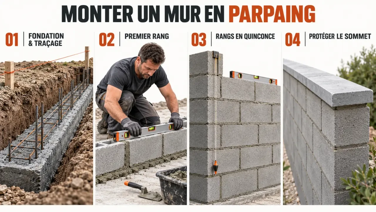 Étapes illustrées pour monter un mur en parpaing, de la fondation à la finition